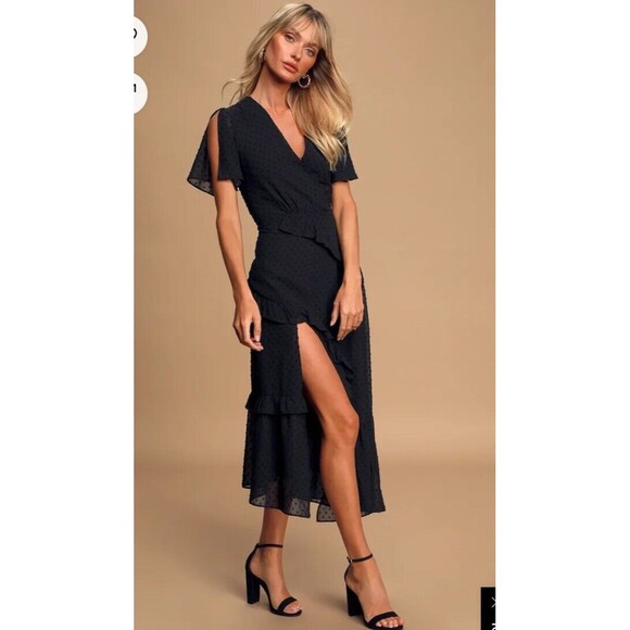 Lulus Black Swiss Dot Ruffled Midi Dress Size Xs NWT - Picture 3 of 11